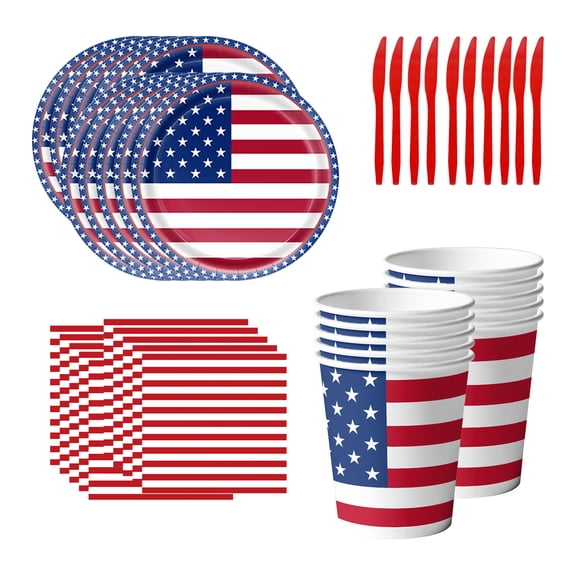 50Pcs 4th of July bei ,Include 7" Disposable Paper Plates Cups Napkins Forks,for 10 Guests, Red Blue White Star Tableware Set for Memorial Day, Veterans Day, Independence Day Party Supplies