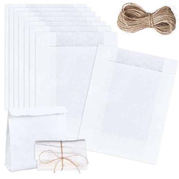 50Pcs 4x6 Inch White Paper Bags Kraft Paper Lunch Bags with Jute Cord Small Rectangle Treat Candy Popcorn Cookies Sandwich Baking Pouches