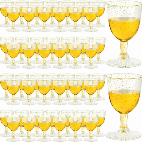50Pcs 5.7oz / 170ml Disposable Plastic Wine Glasses, Goblet Wine Glasses ,Gold Glitter Champagne Goblets Cocktail Cups for Weddings Birthday Party Outdoor Gatherings