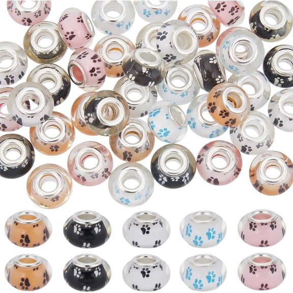 50Pcs 5 Colors Large Hole Dog Paw Prints Pattern Resin European Beads Double Cores Rondelle with Platinum Plated Brass Mixed Color 14x9mm Hole: 5mm 10pcs/color