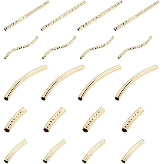 50Pcs 5 Style Curved Tube Beads 24K Gold Plated Long Metal Noodle Spacer Beads for DIY Jewelry Making (20mm 25mm 35mm)
