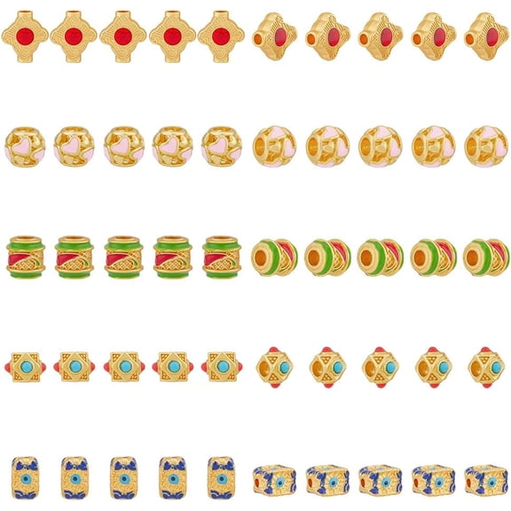 50Pcs 5 Styles Cuboid with Beads Rondelle with Heart Beads Enamel Spacer Beads Loose Spacer Beads Matte Gold Color European Beads Alloy Beads for Jewelry Making Colorful