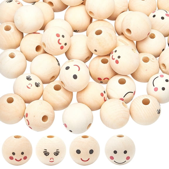 50Pcs 5 Styles Face Wooden Beads 25mm/1 inch Large Natural Wood Beads Round Ball Spacer Bead Face Printed Head Loose Beads with Hole for DIY