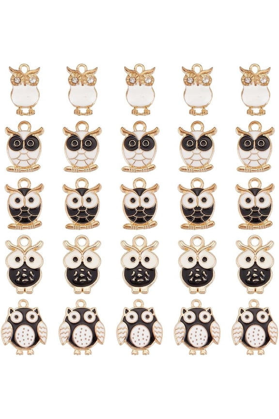 50Pcs 5 Styles Owl Charm Owl Charms Bulk Small Owl Charm Animal Light Gold Rhinestone Alloy Enamel Cute Bird Wisdoms Charm for Making Charms DIY Craft Supplies Women Adults
