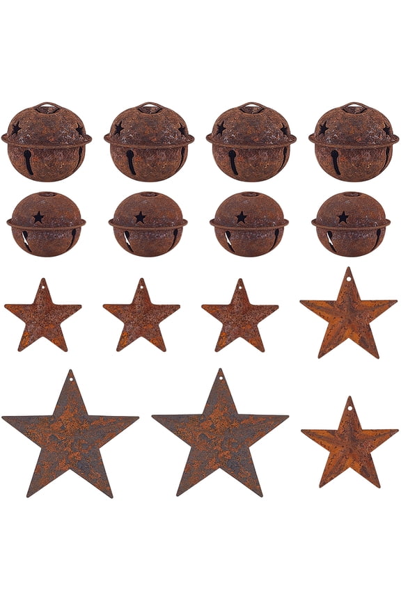 50Pcs 5 Styles Rust Iron Bell with Star Pendants Raw(Unplated) 30~97mm 10pcs/style DIY