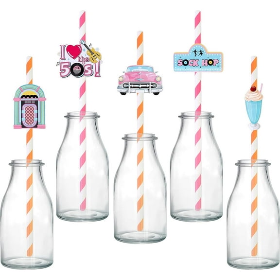 50Pcs 50s Sock Hop Straws, 1950s Rock and Roll Party Favors Include Striped Paper Straws with 1950's Retro Silly Back To Favors Toppers for 50s Theme Music Disco Grease Party Decorations