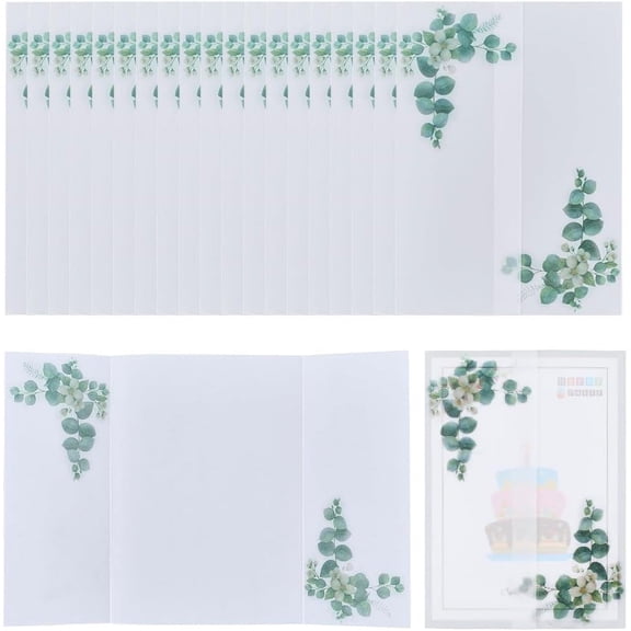 50Pcs 5x7inch Vellum Jackets Bulk Semitransparent White Rectangle Greenery Leaf Flower Pattern Parchment Paper Envelopes Pre Folded Vellum Jacket for Birthday Wedding Invitations Wraps White
