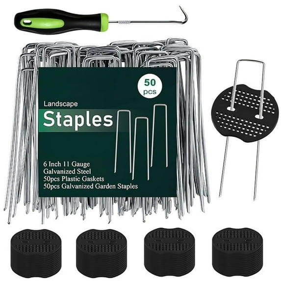 50Pcs 6 inch Garden Stakes Staples 50Pcs Gasket, 6 Inch Lawn Landscape Staples 11 Gauge U Shaped Galvanized Landscape Pins, Heavy Duty Yard Ground Pin for Weed Barrier Sod Fabric Decorations