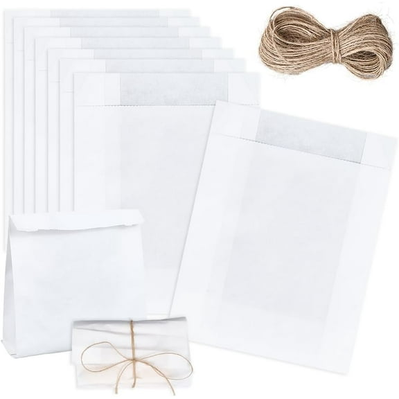 50Pcs 6 x 7.5 Inch White Paper Bread Bags Grease Resistant Paper Bags with Cord Rectangle Kraft Blank Sandwich Food Lunch Pouches for French Fries Snack Burger Cookies Craft Take Out Packing