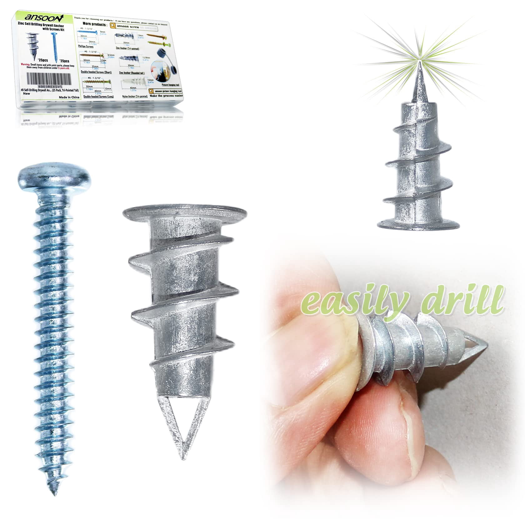 50Pcs #8 Self Drilling Metal Drywall Anchors and Screws kit, 25 Heavy Duty Hollow Sheetrock Anchors + 25 1-1/4'' Screw, No Pre Drill Hole Required - Hold 75lbs for Wall Hanging and Mounting
