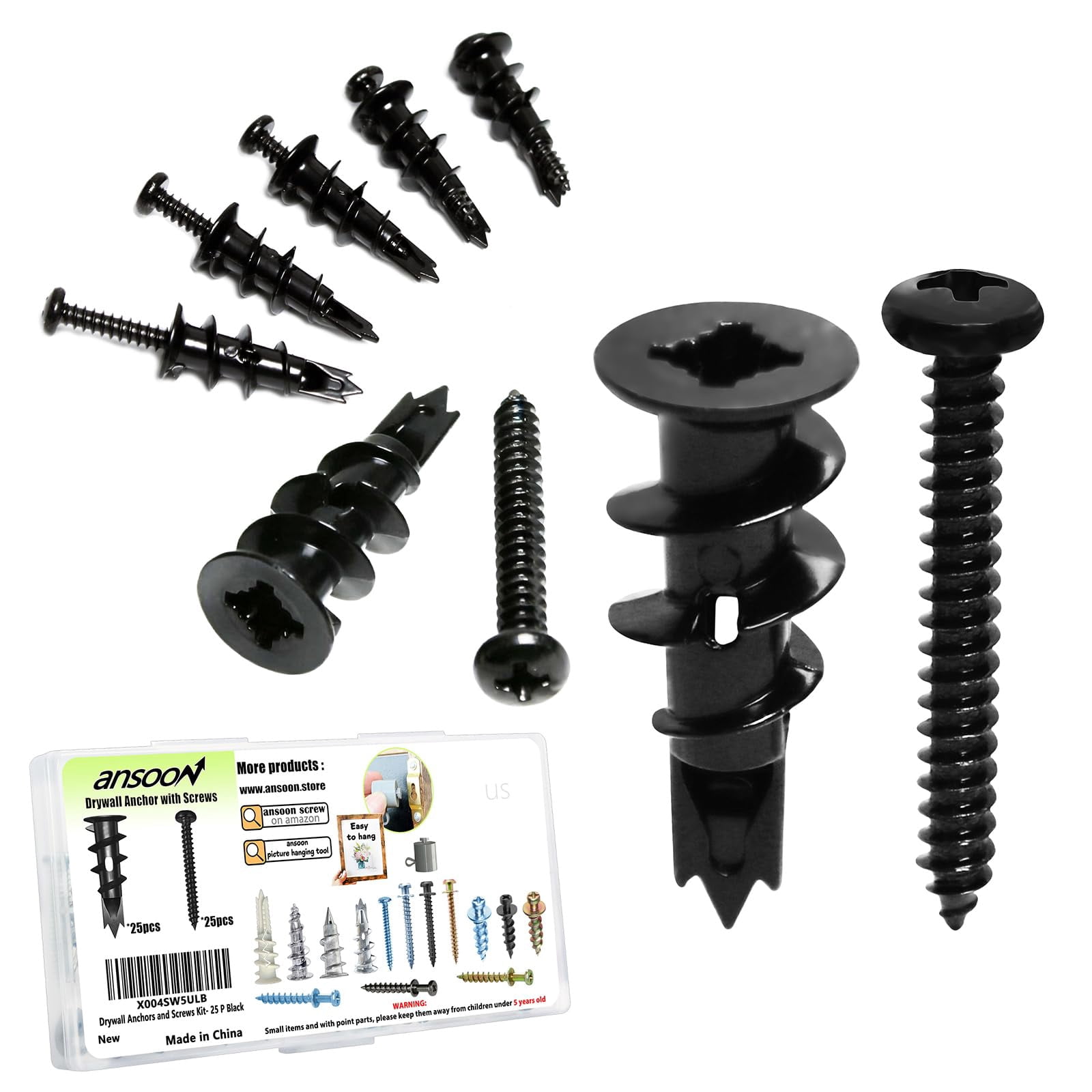 50Pcs #8 Self Drilling Metal Drywall Anchors and Screws kit, 25 Heavy Duty Hollow Sheetrock Anchors + 25 1-1/4'' Screw, No Pre Drill Hole Required - Hold 75lbs for Wall Hanging and Mounting