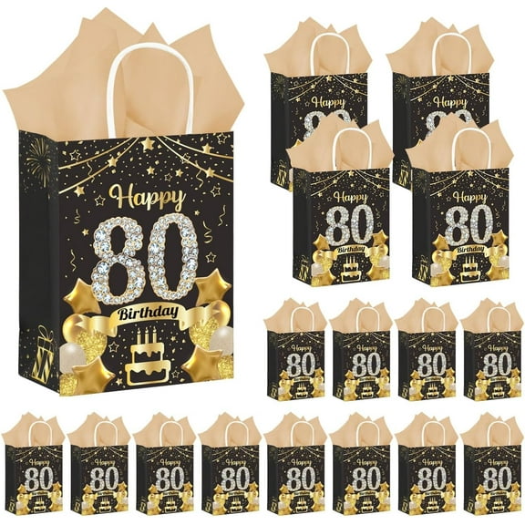 50Pcs 80th Birthday Party Favors Gift Bags Bulk,Black and Gold Happy 80th Gift Candy Wrap Bags with Tissue Paper,Vintage 80th Birthday Decorations Souvenir Bag for Men Women Anniversary Supplies80th