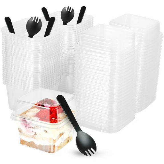 50Pcs 8oz Plastic Dessert Cups with Lids and Forks Reusable Cupcake Container Clear Square Single Dessert Box Sealed Cake Storage Box for Dessert Muffins Cupcake Pudding Mousse Party