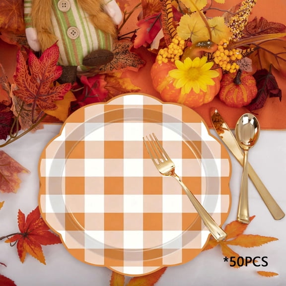 50Pcs 9" Orange Gingham Paper Plates, Disposable Orange and White Checkered Party Plates with Scalloped Edges, Fall Plaid Dessert Plates for Christmas, Picnic, Thanksgiving, Birthday Party