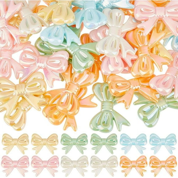 50Pcs Acrylic Bow Beads Bowknot Beads Cute Mixed Ranbow Color Plated Bowknot Shape Opaque Acrylic Spacer Beads for Jewelry Making DIY Craft Supplies Necklace Bracelet Earring Beginner Women DIY
