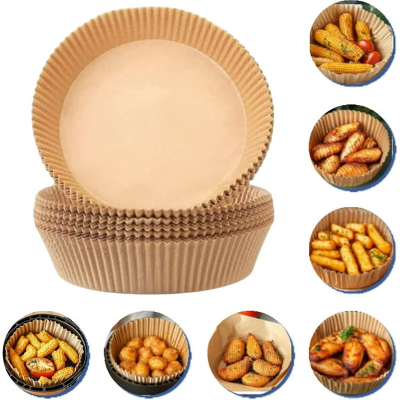 50Pcs Air Fryer Paper Liners Disposable, Round Parchment Paper Liners, Non-Stick/Oil-Proof/Water-Proof Airfryer liners, Disposable Food Grade Paper for Air Fryer,Microwave,Oven,Baking