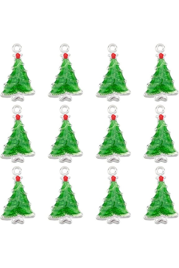 50Pcs Alloy Pendants with Enamel Christmas Tree Charm Silver 24x14.5x2mm Hole: 1.8mm