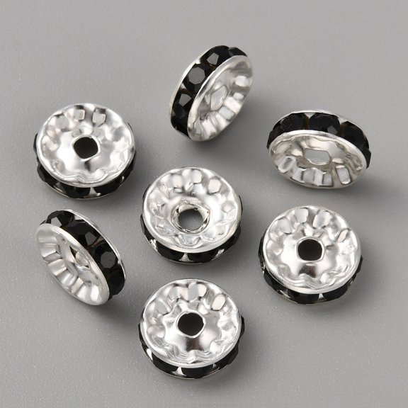 50Pcs Alloy Rhinestone Spacer Beads Flat Round/Disc Silver Jet 10x3.5mm Hole: 2mm