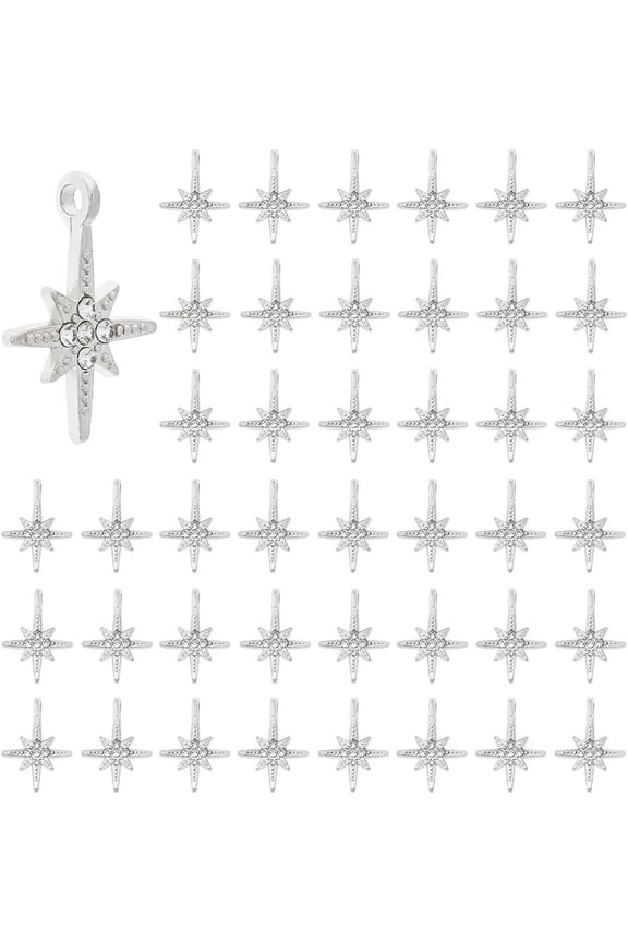 50Pcs Alloy with Rhinestone Pendants Cadmium Free Lead Free Star Charms Platinum 22x16x4.5mm Hole: 2.2mm for Handmade