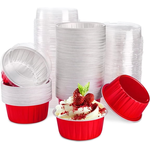 50Pcs Aluminum Foil Cupcakes,3.4x2.6x1.4In Red Muffin Baking Cupcake,125ml/4.2oz Durable Muffin Liners Containers with Lids for Birthday,Christmas