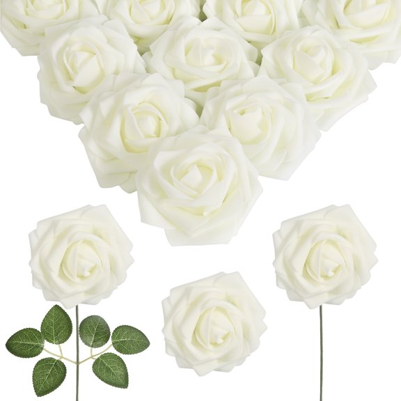 50Pcs Artificial Flowers Fake Roses with Stems and 4pcs Leaves, Ivory White Boxed Foam Roses for DIY Bouquets Centerpieces Wedding Party Arrangement Bridal Shower Decor