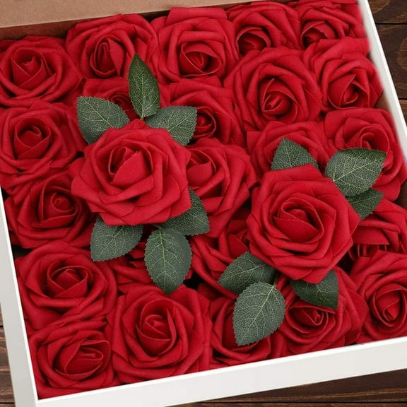 50Pcs Artificial Flowers, Simulation PE Foam Roses with Stems, Look and Feel of Fresh Flowers for Making Bouquets, Cake Decorations, Wedding, Bridal Shower, Party (Red)