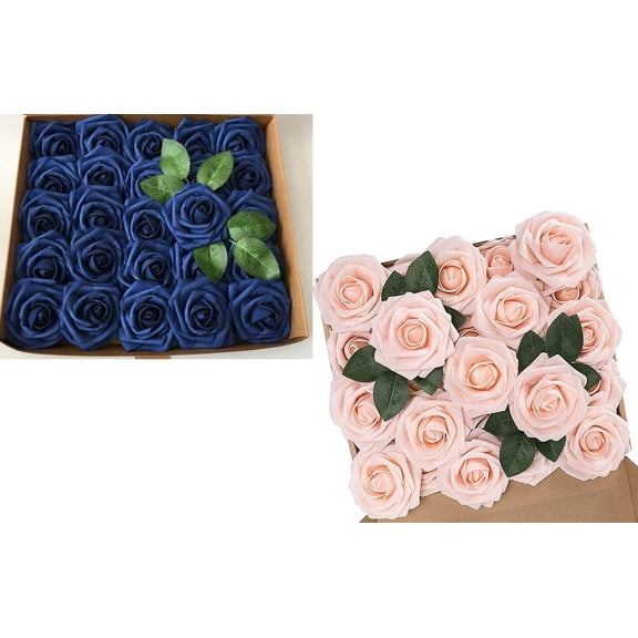 50Pcs Artificial Flowers, Simulation PE Foam Roses with Stems, Look and Feel of Fresh Flowers for Making Bouquets, Cake Decorations, Wedding, Bridal Shower, Party (Royal Blue, Blush)