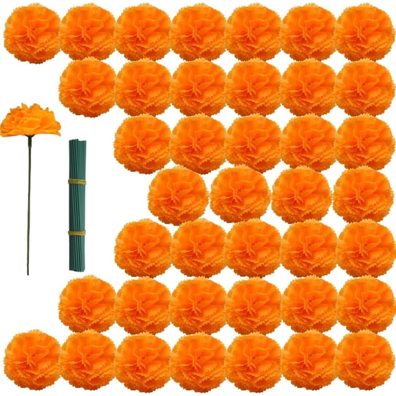 50Pcs Artificial Marigold Flowers with Stems