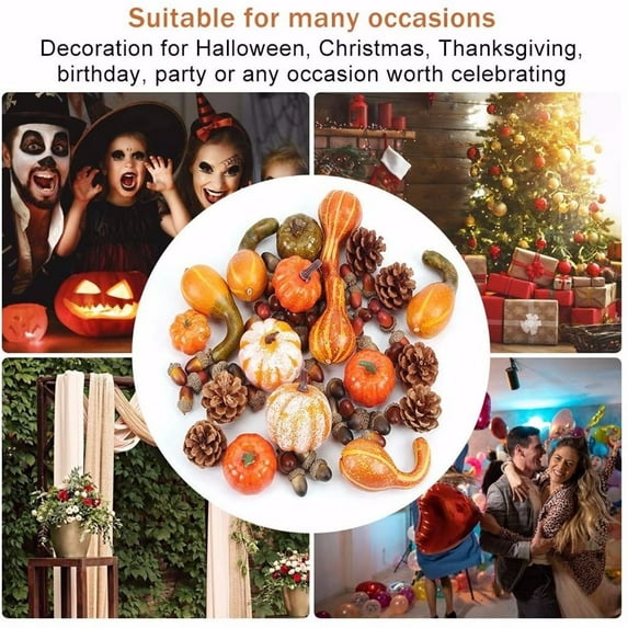 50Pcs Artificial Mini Pumpkins, Faux Foam Pumpkins with Lifelike Maple Leaves Acorns and Red Berries for Halloween Thanksgiving Wreath Garland Making and Centerpiece Decoration