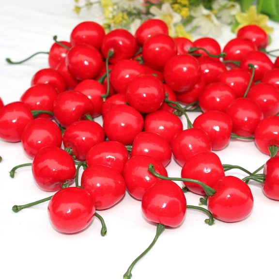50Pcs Artificial Red Cherry Decor Made of Foam Plastic Stems for Kitchen Table Decoration
