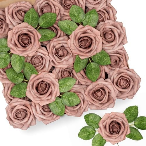 50Pcs Artificial Rose Flowers, Dusty Roses for Decorations, Real Touch Fake Foam Rose Bulk with Stems DIY Wedding Bouquets, Bridal Shower, Valentine's Day Floral Arrangements Party Table Decor