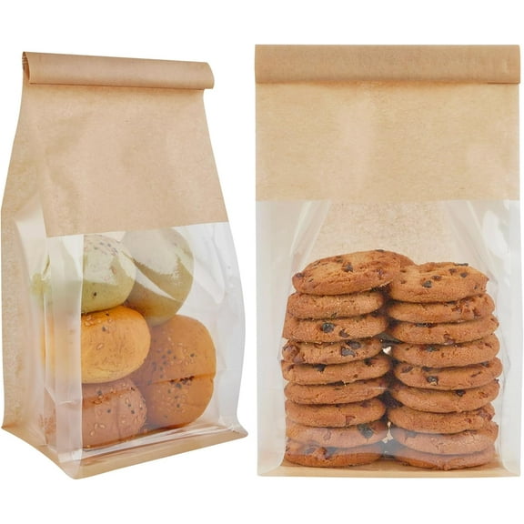 50Pcs Bakery Bags with Window, Resealable Tin Tie Tab Lock Bread Storage Bag, Clear Front Snack Bags for Packaging Cookies, Loaf, Popcorn, Paper Treat Bags