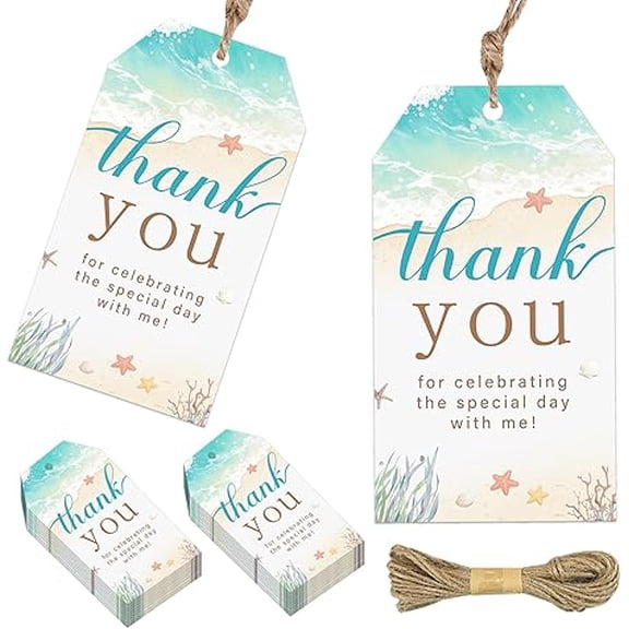 50Pcs Beach Theme Thank You Tags Nautical Ocean Coastal Gift Tags with String Seashells Seaweed Starfish Party Favors Labels for Summer Birthday Bridal Shower Baby Shower Wedding Party Supplies