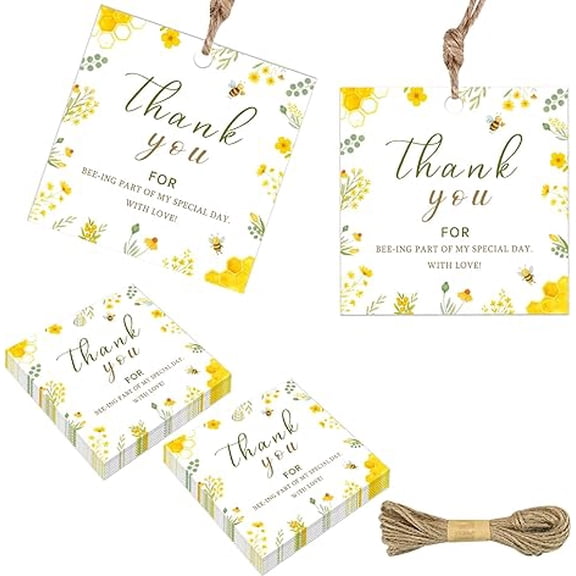 50Pcs Bee Thank You Tags Bumble Bee Gift Tag with String Square Sweet Honey Flower Thank You Hang Gift Tags Thank You for Beeing Paper Tag for Rustic Bee 1st Birthday Baby Bridal Shower Party Favor