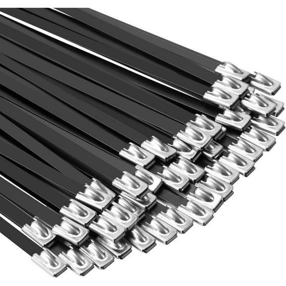 50Pcs Black 18 inch 290LB Metal Zip Ties, Heavy Duty 304 Stainless Steel Epoxy Coated Locking Cable, Exhaust Wrap Multi Purpose Binding for Machinery, Vehicles, Farms, Cables, Pipes,Fence