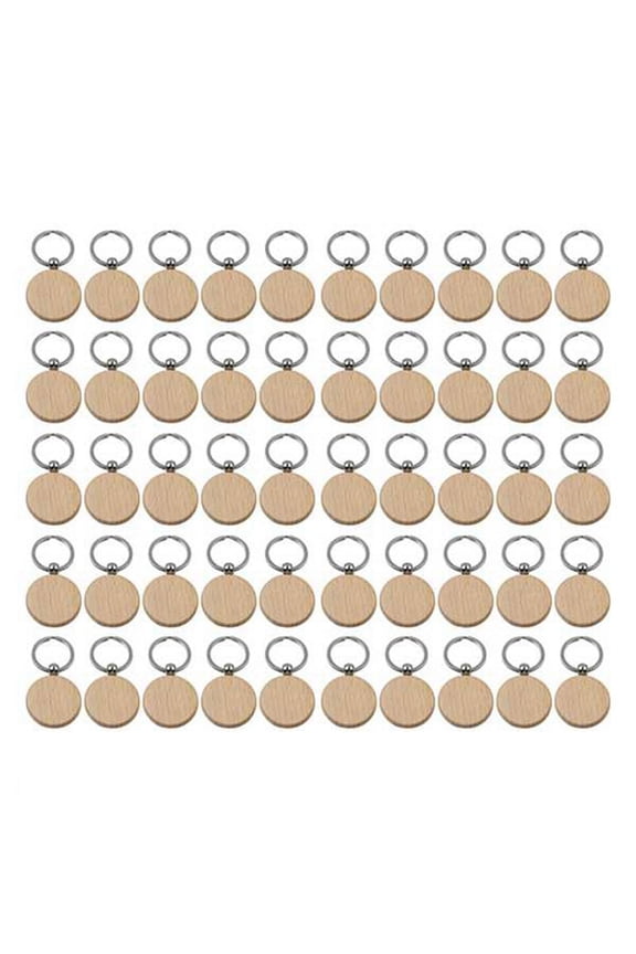 50Pcs Blank Round Wooden Key Chain Diy Wood Keychains Key Tags Can Engrave Diy Gifts,50 * Wooden Key Chain,Wood color & Silver