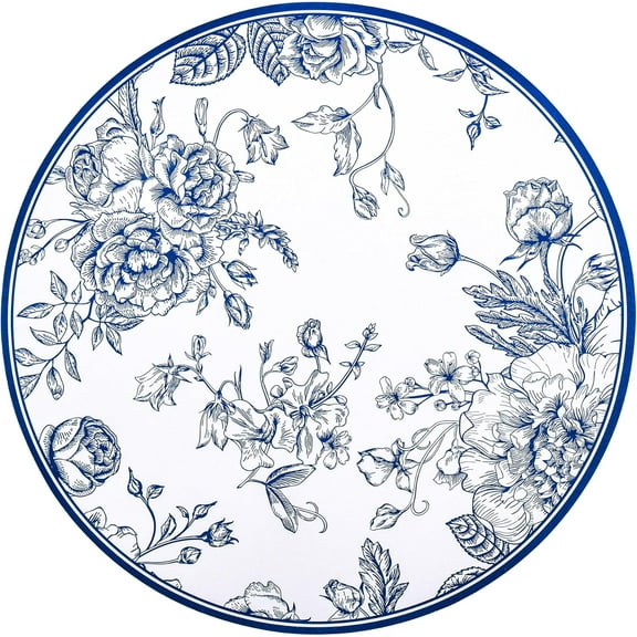 50Pcs Blue Floral Paper Placemats Chinoiserie Round Disposable Place Mats Blue Flower Banquet 13 Inch Paper Cutouts for Hanukkah Table Setting Wedding Birthday Party Supplies