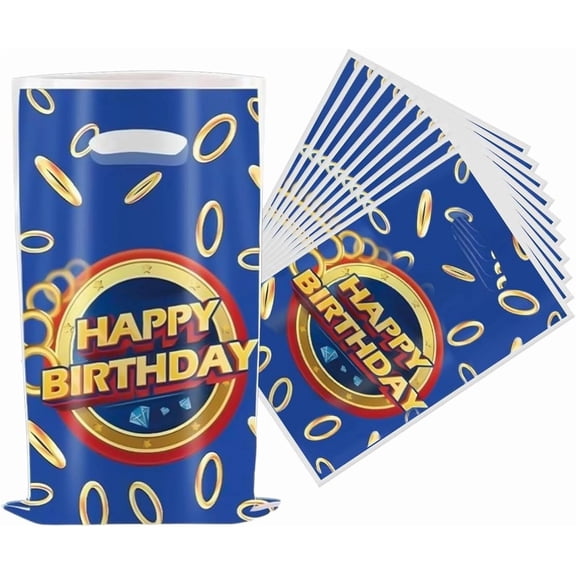 50Pcs Blue Hedgehog Gold Ring Diamond Cartoon Birthday Party Favor Bags, Shiny Golden Hoop Gem Print Candy Treat Gift Bags for Kids Boys Game Style Birthday Party Supplies