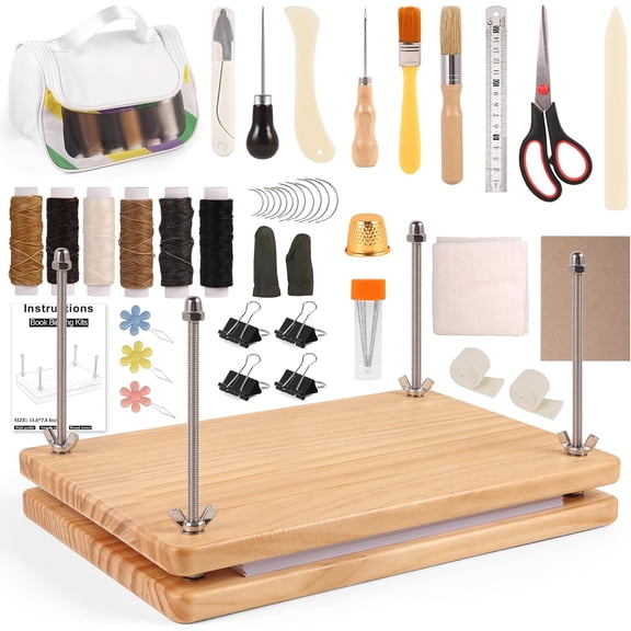 50Pcs Book Binding Kits with Book Press (11.6x7.8in), DIY Bookbinding Kit with Waxed Thread, Needles, Bone Folder, Scissors & Bookbinding Supplies for Beginners & Professionals