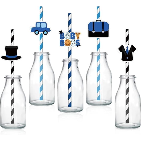 50Pcs Boss Paper Straws for Drinking, Boss Boy Baby Theme Party Favors Happy Bossday Straws Blue Black Double Printed for Baby Boy Boss Baby Shower 1st Birthday Gender Reveal Party Favors Supplies