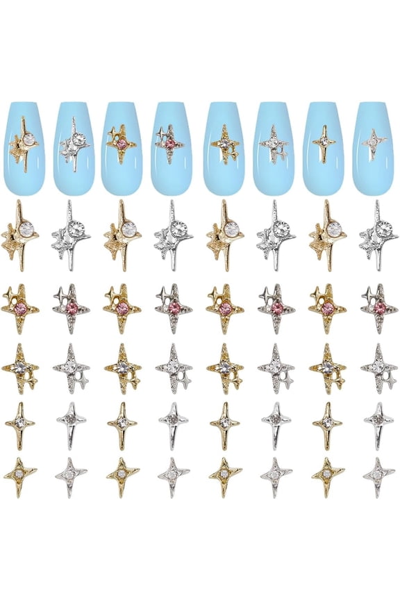 50Pcs/Box Four-pointed Star Nail Charms Rhinestone 10 Styles 3D Luxury Shiny Gold Silver Nail Gems Metal Alloy Flat Punk Studs Decor