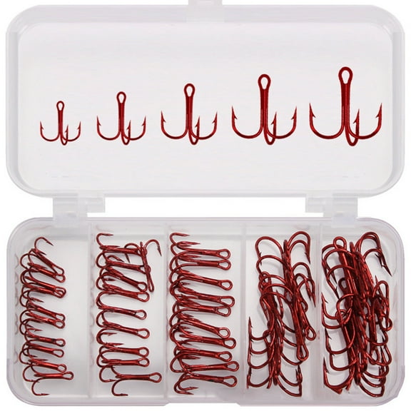 50Pcs Box High Carbon Steel Treble Fishing Hooks 2# 4# 6# 8# 10# Bent Triple Fishhooks Set Red Anchor Hooks For Sea Fishing