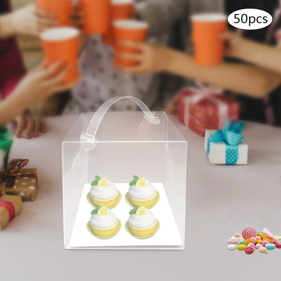 50Pcs Bulk Set with Handles, Clear Cake Boxes, Square Dessert Containers, Eco-Friendly Bakery Packaging for Wedding Cake Display