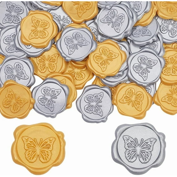 50Pcs Butterfly Wax Seal Stickers 2 Color Silver Gold Wedding Invitations Envelope Sealing Label Decal Self Adhesive for Gift Wrapping Birthday Greeting Cards Making Christmas Valentines Day