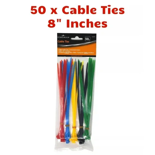 50Pcs Cable Ties Pack 8" Inch 5 Color Zip Ties Office Home Computer Organize