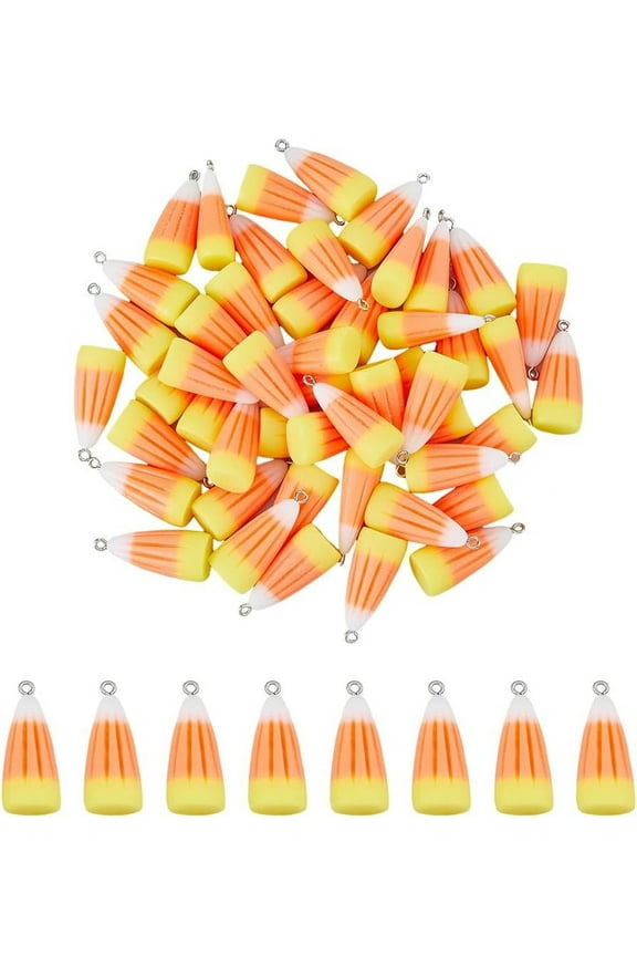 50Pcs Candy Corn Charms Fall Corn Charms Resin 3D Corn Charms Halloween Acrylic Pendants with Iron Finding Bulk Halloween Pendants for DIY Bracelet Jewelry Making Hole: 1.5mm