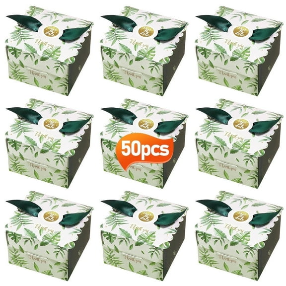 50Pcs Candy Favor Boxes Christmas Gift Boxes Square Box with Green Ribbon Decoration for Tropical Party Wedding Birthday Christmas (Green Leaves)