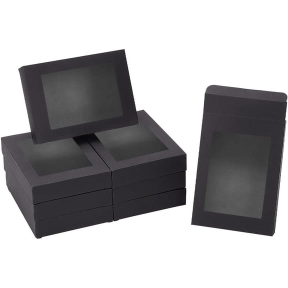 50Pcs Cardboard Packaging Boxes with PVC Clear Window Rectangle Black 14.5x10.5x2.5cm