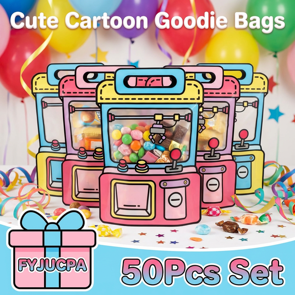 50Pcs Cartoon Goodie Bag Extra Large Cute Claw Machine Shape Back to School Snack Candy Seal Bag with Handle Reusable for Cookies Snack Candy 9.65x7.09"