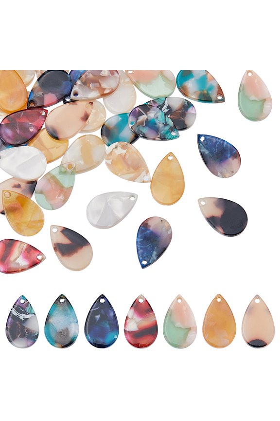 50Pcs Cellulose Acetate(Resin) Pendants Teardrop Charm Mixed Color 15x12.5mm